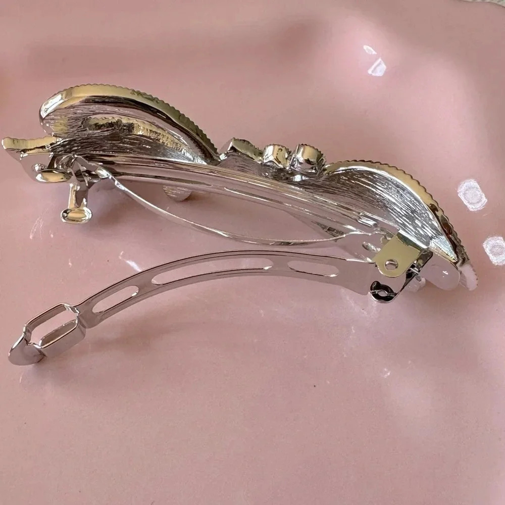 Rose Peachy Pink Enamel and Crystal Bow & Heart Hair Barrette - Picture 4 of 7